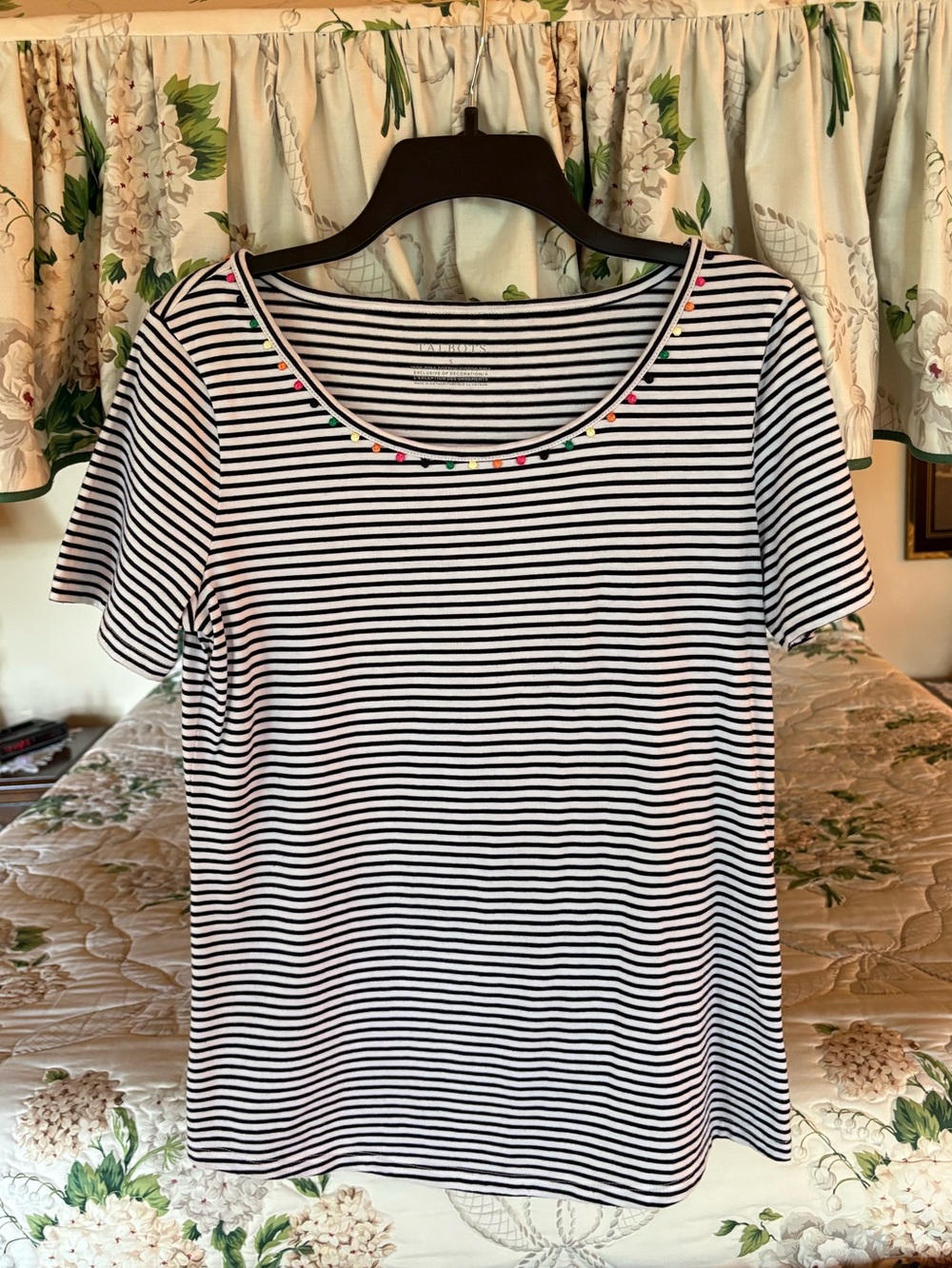 Talbots Navy & White Stripe Short Sleeve Tee with Embroidered Dot Trim - Small